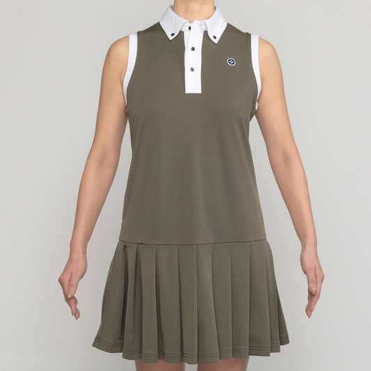 WOMEN NO SLEEVE POLO ONE PIECEE〈ノースリーブポロワンピース_カーキ〉